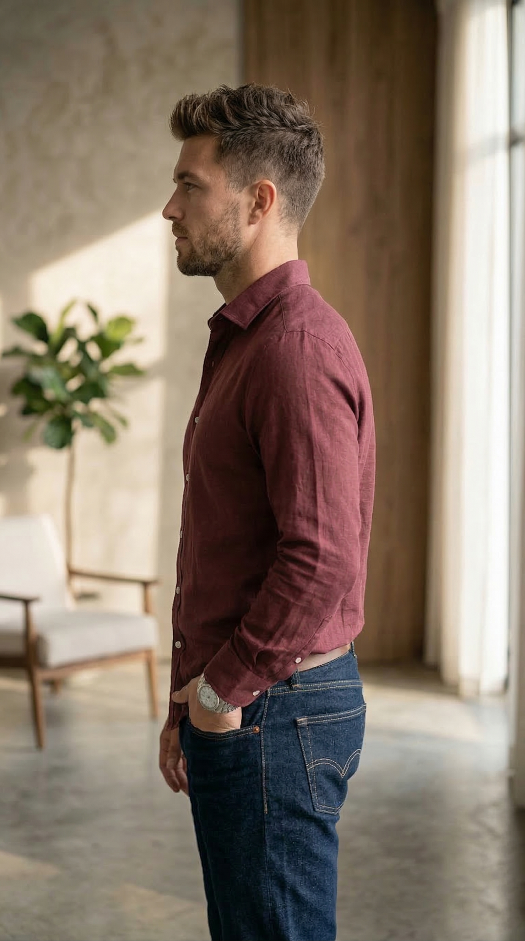 Men’s Burgundy Linen-Blend – The Elevated Casual Statement Shirt