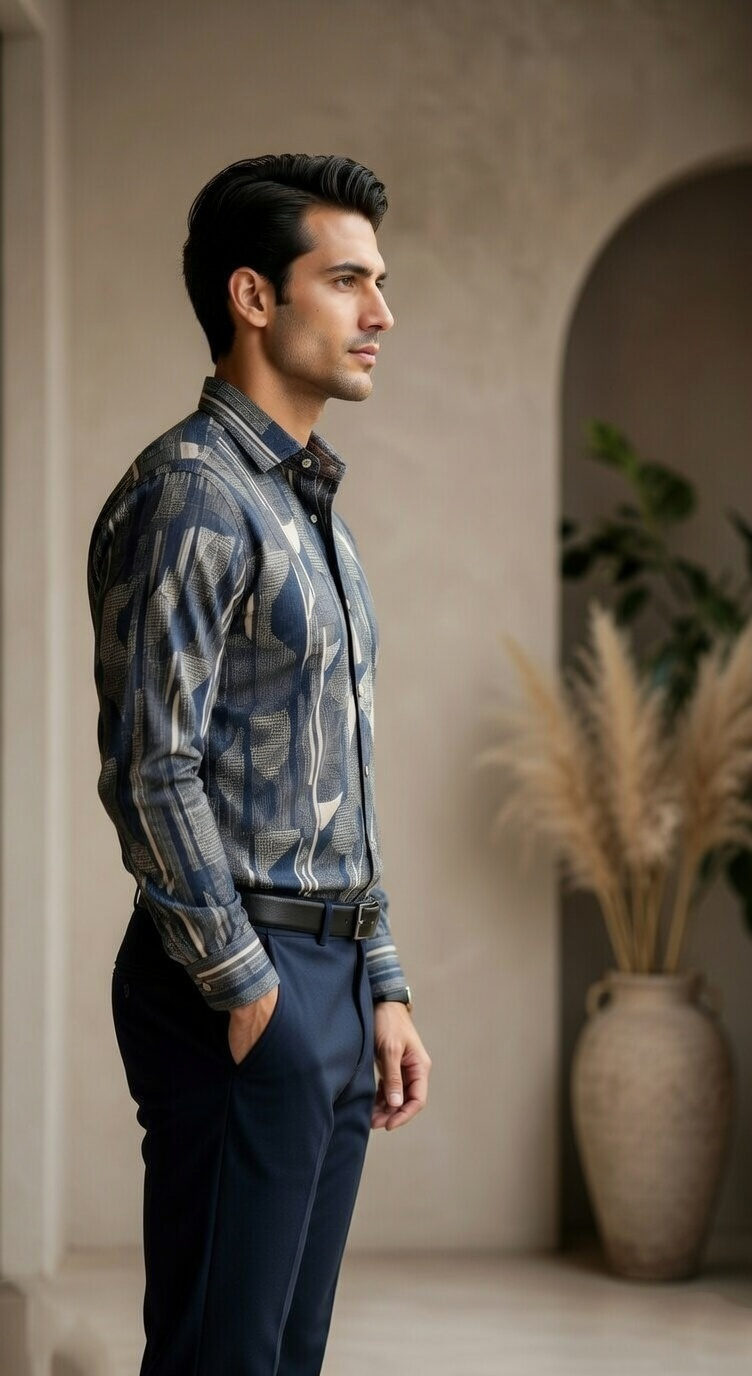Designer Men’s Abstract Geometric Print Shirt – Modern Slate & Charcoal Art-Deco Motif
