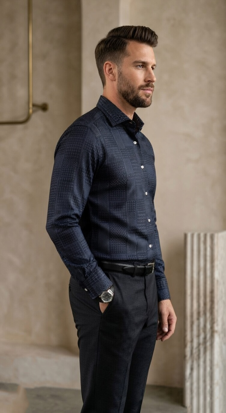 Men's Midnight Indigo Multi-Textural Jacquard Masonry Shirt
