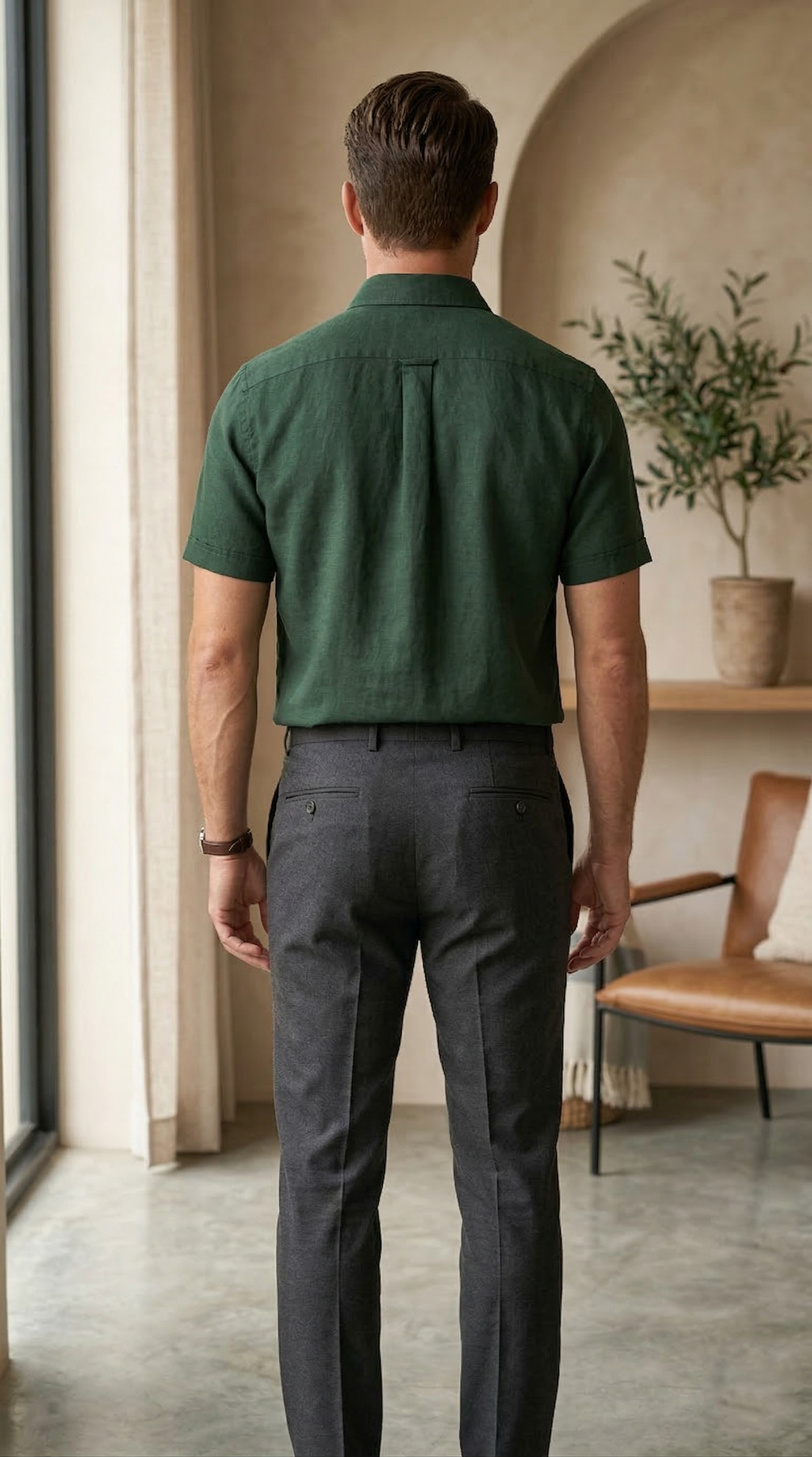 Men’s Casual Short-Sleeve Linen Shirt in Hunter Green