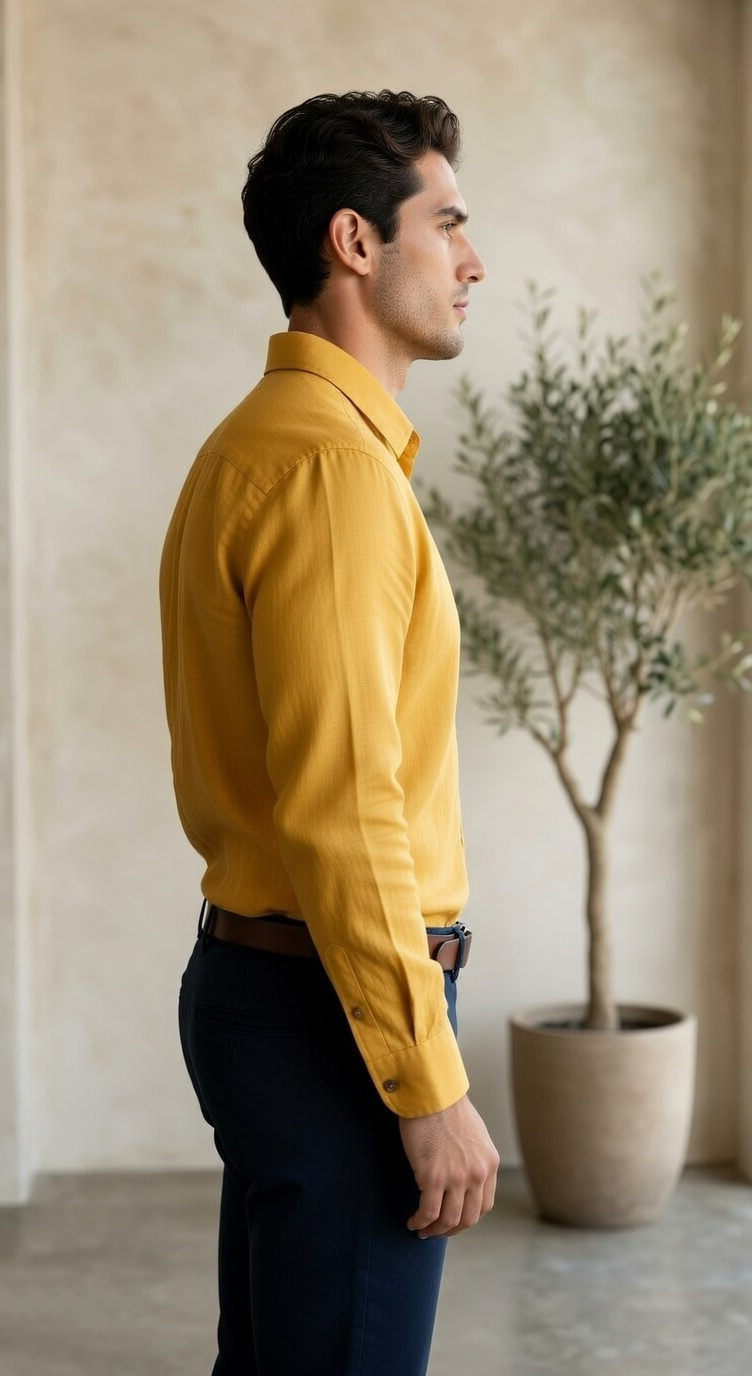 Men’s Casual Long-Sleeve Linen-Blend Shirt in Mustard Gold