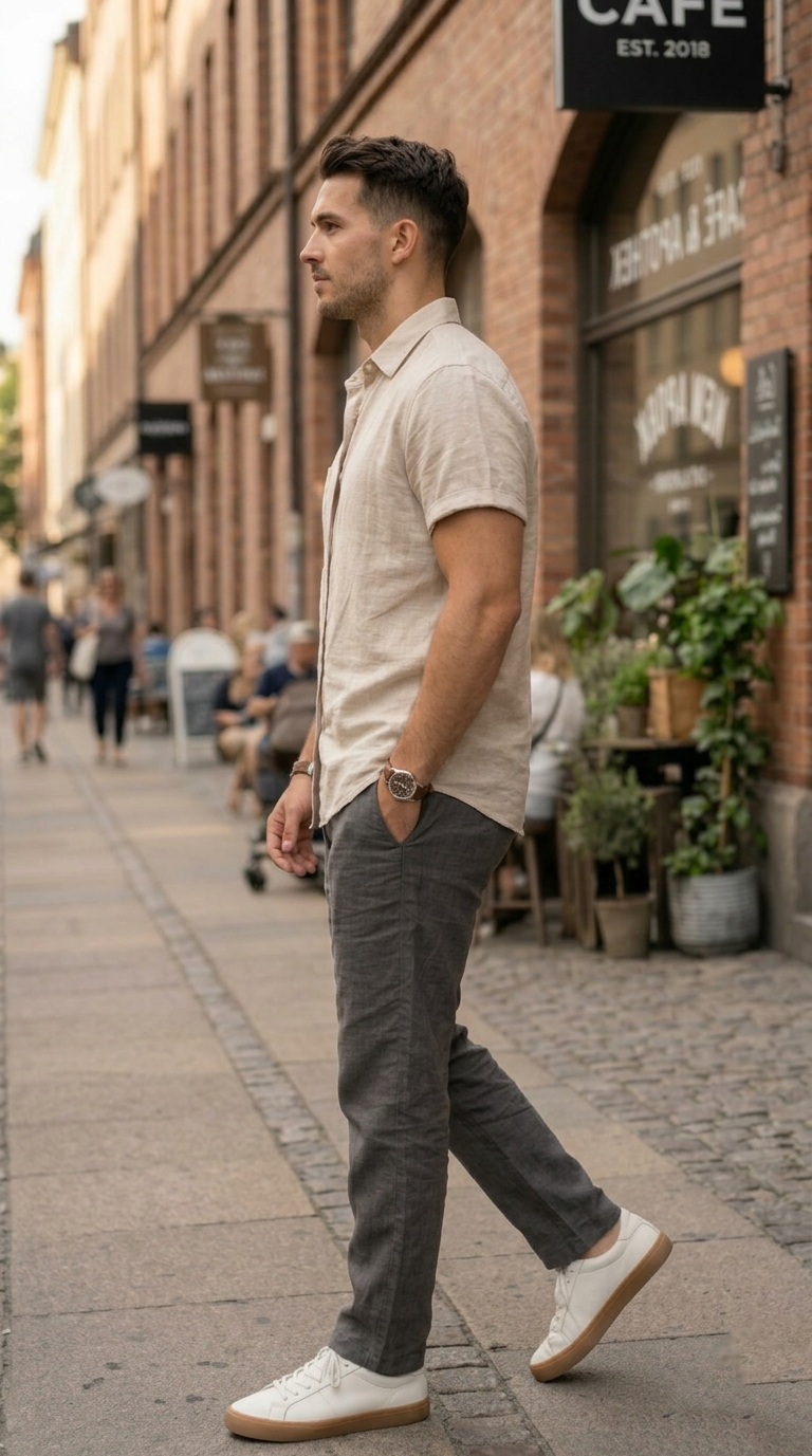 Men’s Light Beige Casual Short Sleeve Shirt