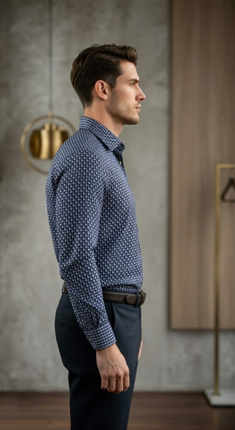 Designer Men’s Slim-Fit Micro-Hounds tooth Dress Shirt – Charcoal & Navy Geometric Print