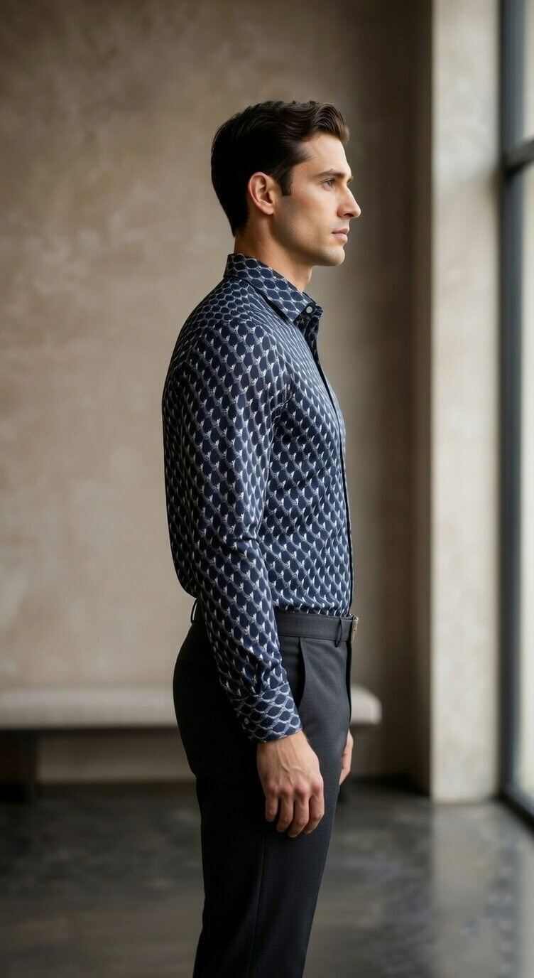 Designer Men’s Geometric Hexagon Print Shirt – Navy & Slate 3D Optical Motif