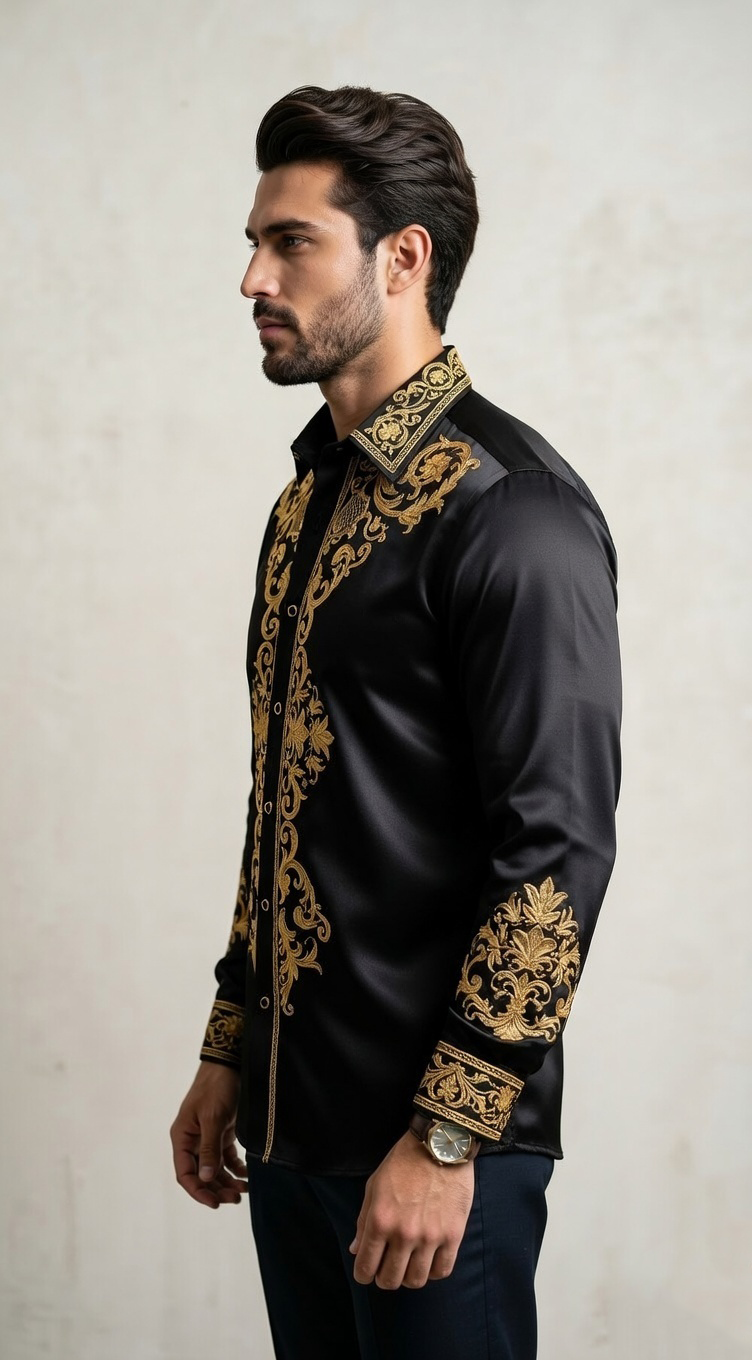 Men’s Designer Slim-Fit Baroque Embroidered Silk-Sateen Shirt – Black & Royal Gold