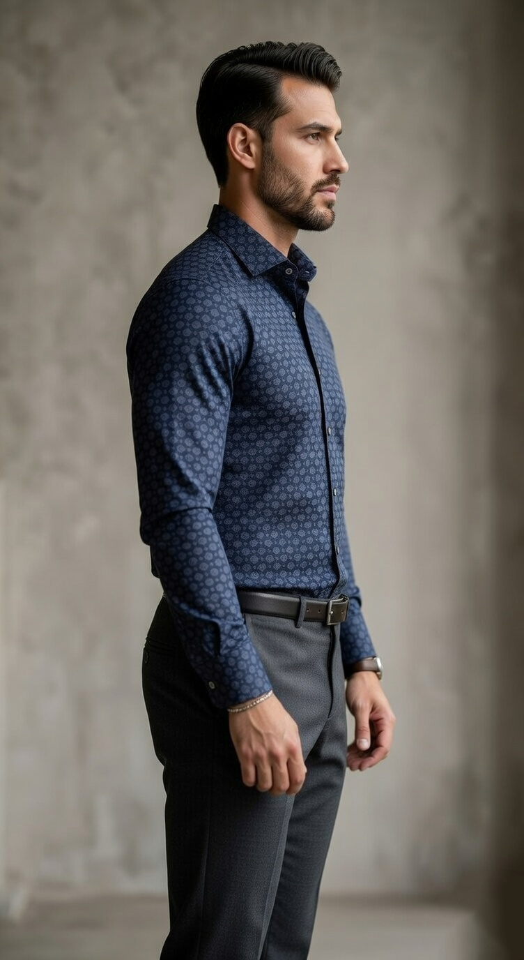 Designer Men’s Navy Medallion Print Dress Shirt – Slim Fit Geometric Floral