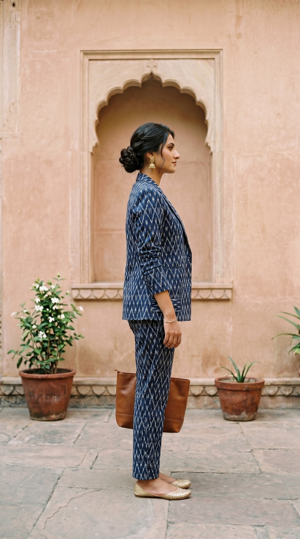 Women's Indigo Ikat Printed Co-Ord Blazer & Trouser Set | Ethnic Fusion Formal Wear