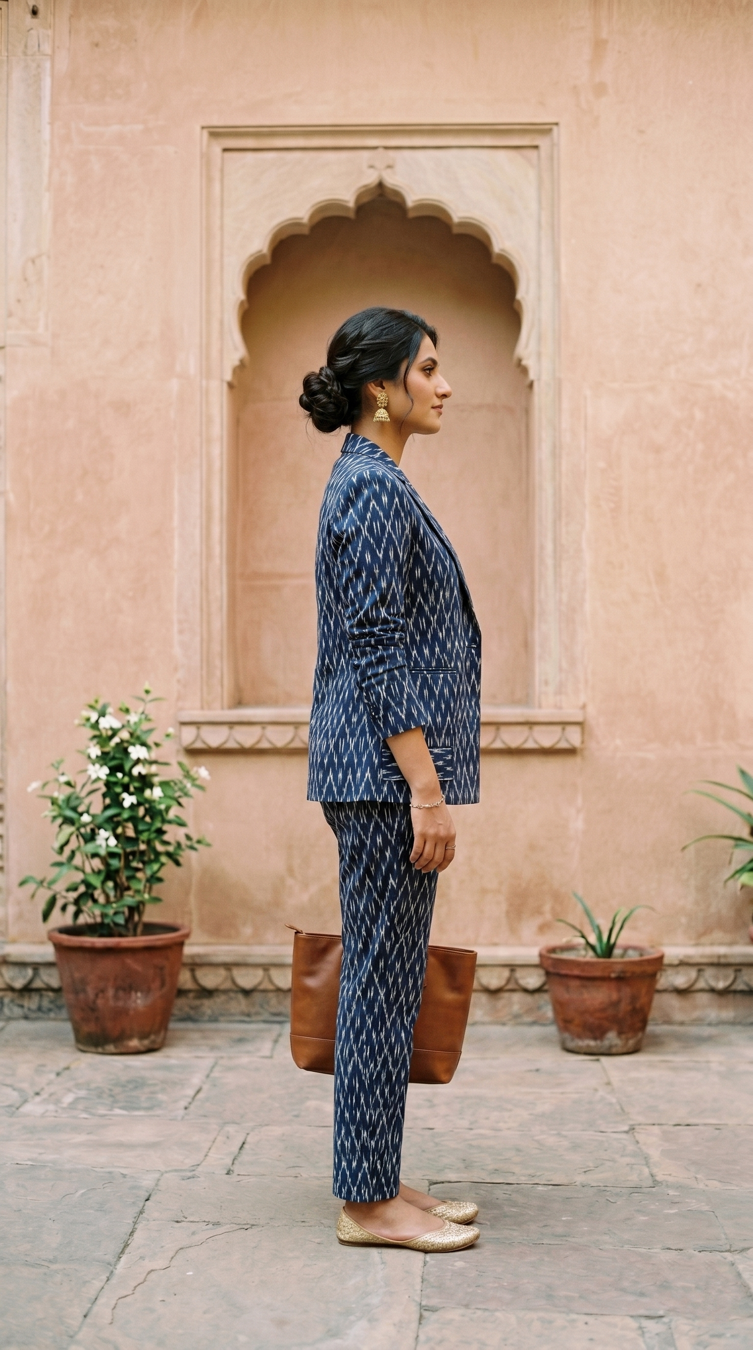 Women's Indigo Ikat Printed Co-Ord Blazer & Trouser Set | Ethnic Fusion Formal Wear