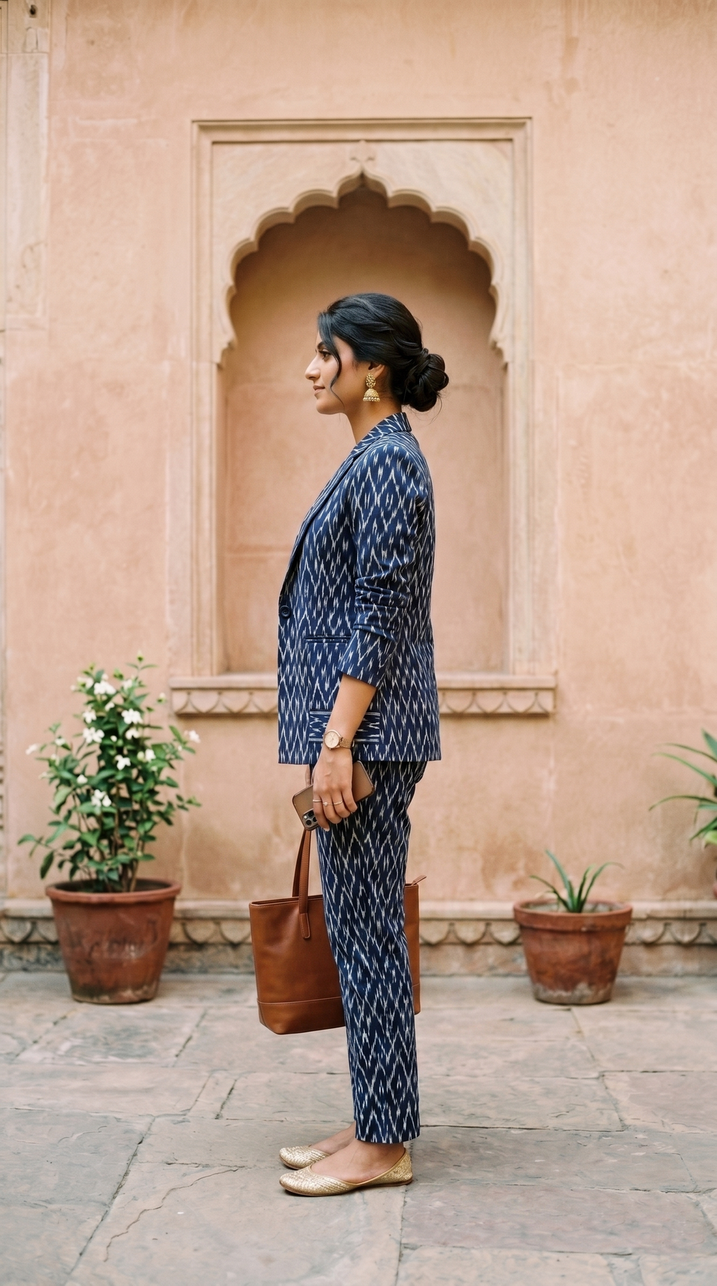 Women's Indigo Ikat Printed Co-Ord Blazer & Trouser Set | Ethnic Fusion Formal Wear