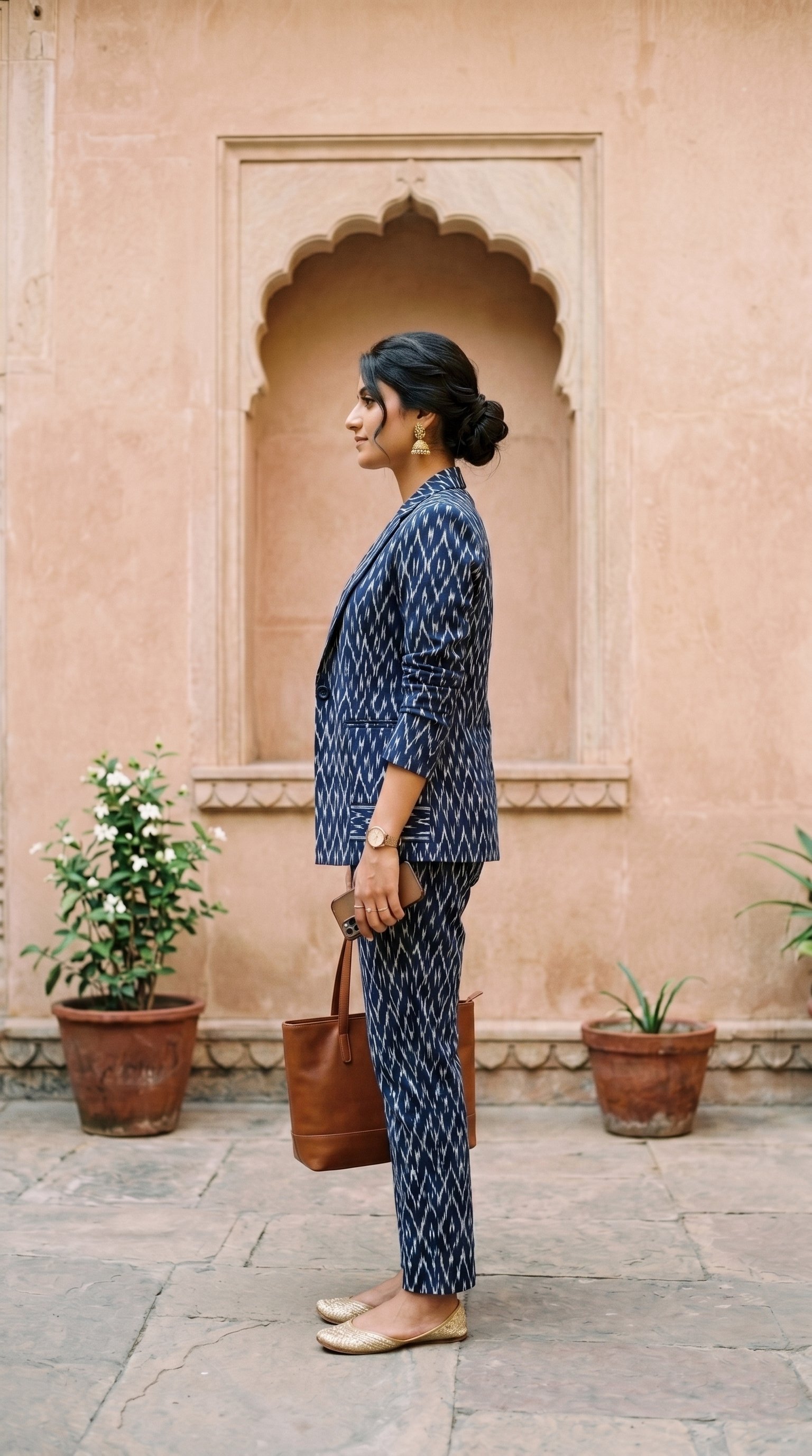 Women's Indigo Ikat Printed Co-Ord Blazer & Trouser Set | Ethnic Fusion Formal Wear