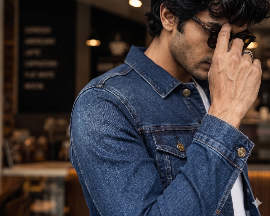 Men's Dark Blue Denim Jacket – Premium Cotton Stretch Casual Trucker Jacket for Men