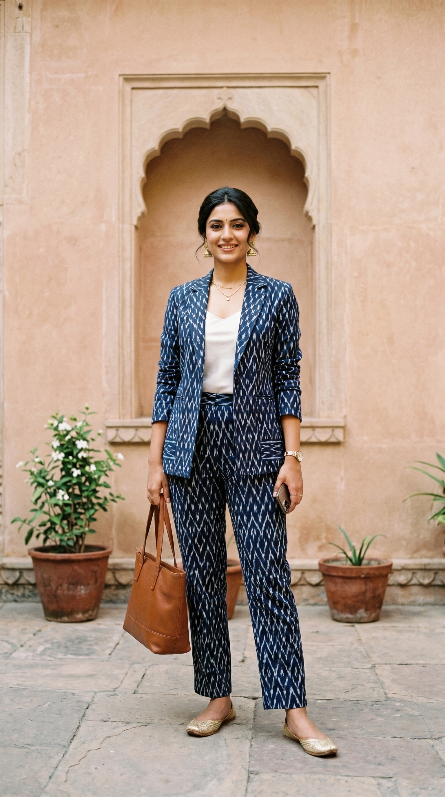 Women's Indigo Ikat Printed Co-Ord Blazer & Trouser Set | Ethnic Fusion Formal Wear