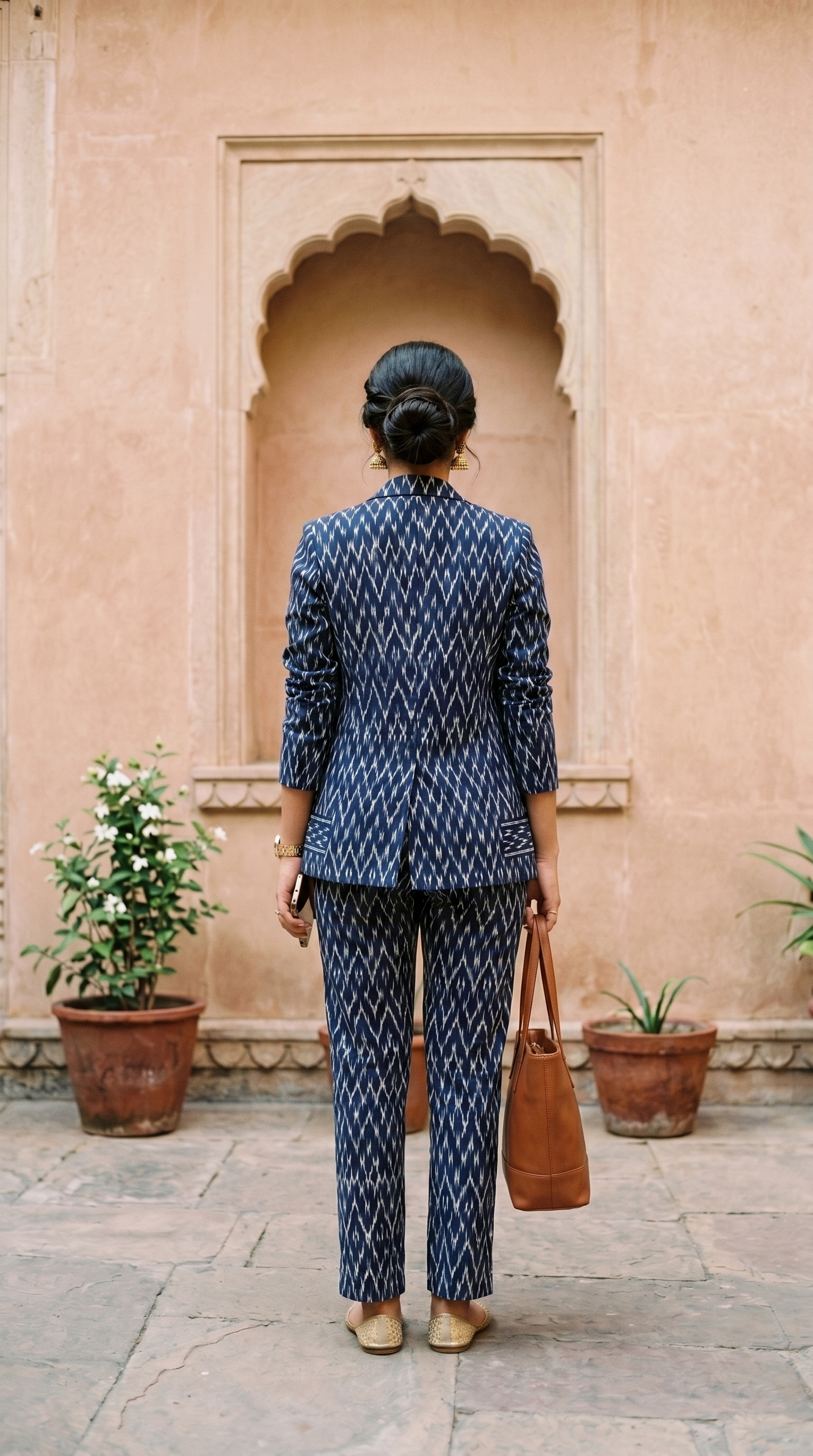 Women's Indigo Ikat Printed Co-Ord Blazer & Trouser Set | Ethnic Fusion Formal Wear